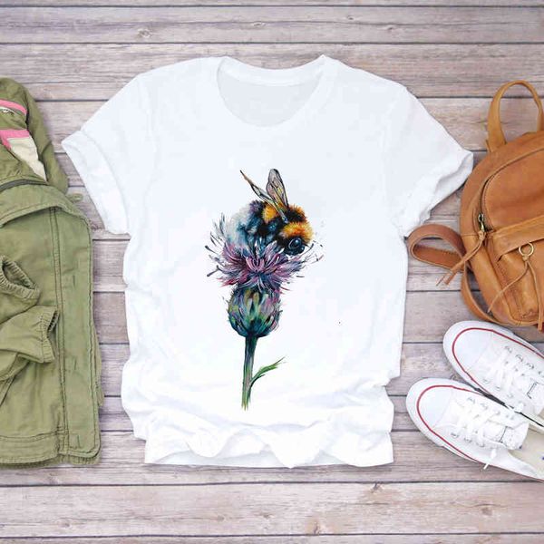 

women's t-shirt women t-shirts bee flower watercolor short sleeve 90s trend ladies print lady womens graphic t shirt female te, White