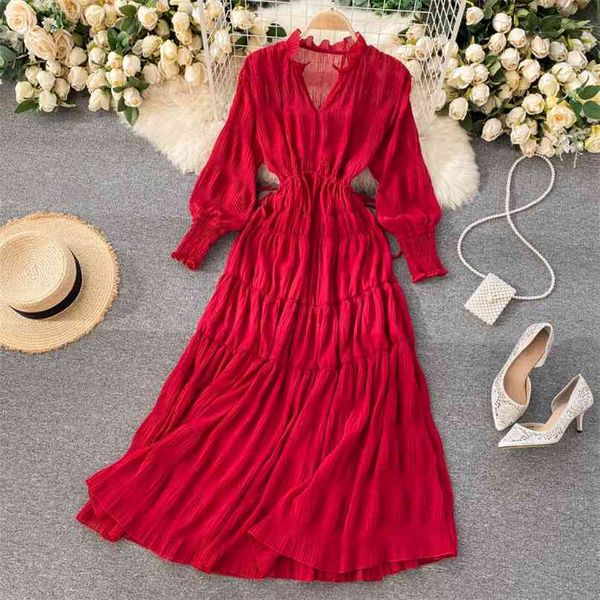 Bohemian Urlaub Kleid Frühling Mode Frauen V-ausschnitt Kordelzug Taille Lange Ärmel Einfarbig Elegante Vestidos R037 210527