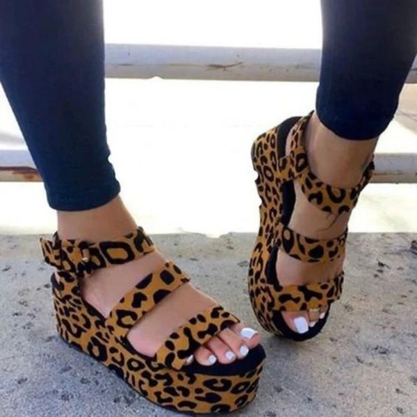 

women summer high heels leopard sandals wedges shoes woman pu leather gladiator buckle open toe ankle strap platform, Black