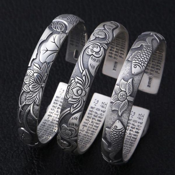 

link, chain ethnic adjustable bangle 100% s999 sterling silver jewelry women lotus mantra inspirational goldfish bracelet gift, Black