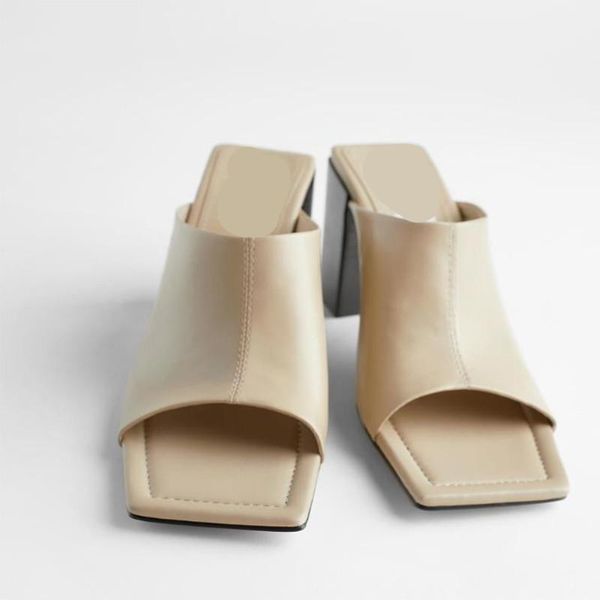 

slippers shoes women square heel summer heeled mules pantofle slides peep toe soft block high 2021 pu rubber concise rome hoof, Black