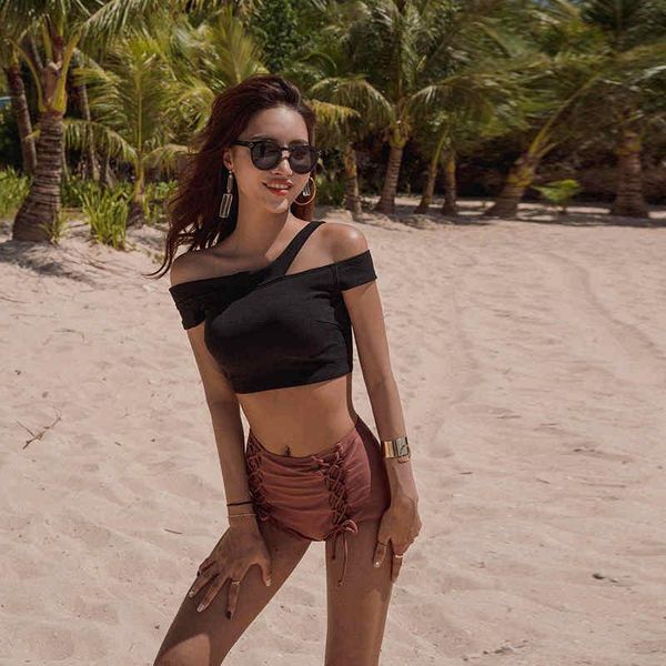 

off shoulder bikini women solid swimwear bandage swimsuit push up high waist bikinis korean style bathing suit pad one-piece suits