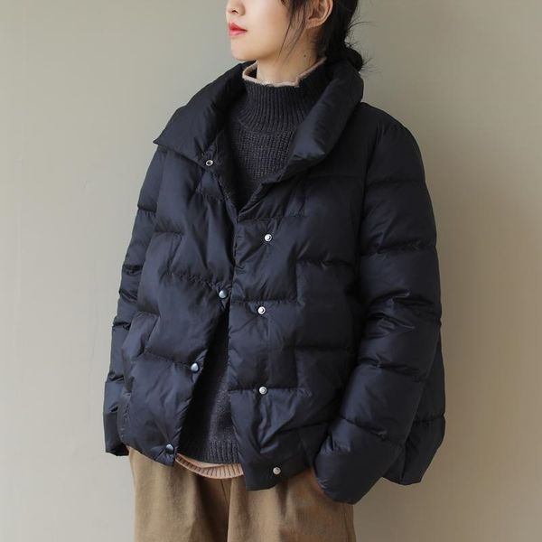

warm women's short coat loose literary long sleeve light down jacket winter new stand collar net color 2021, Black