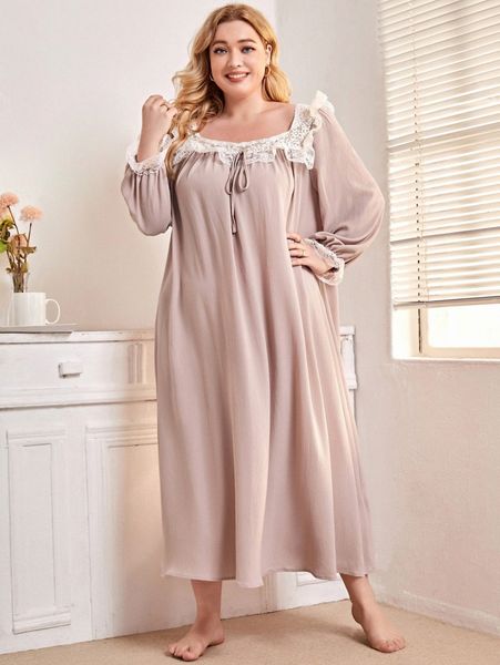 

plus contrast lace knotted front flounce sleeve nightdress z20a#, Black;white