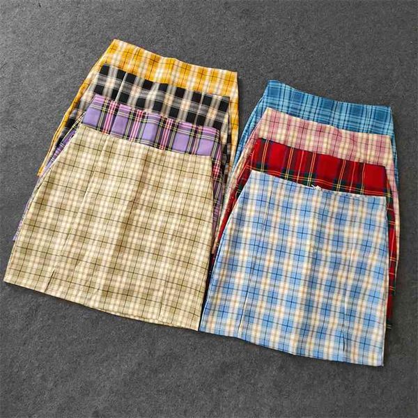 Summer Harajuku xadrez lápis saias da cintura alta da mulher mini forro com shorts Coreano Streetwear Vintage Saia Sexy 210629