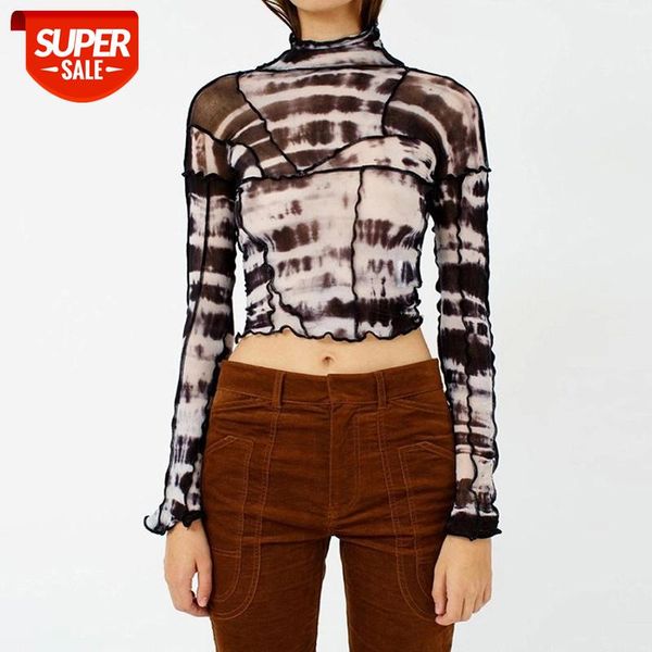 

2020 spring summer black mesh patchwork crop women long sleeves backless t-shirt fashion vintage stretch tees #dm4u, White