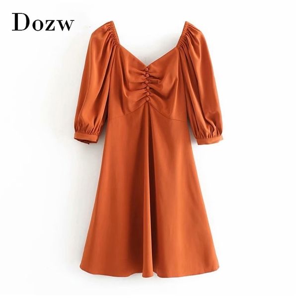 

solid v neck elegant dress women lantern half sleeve vintage mini summer button back zipper party lady robe femme 210515, Black;gray