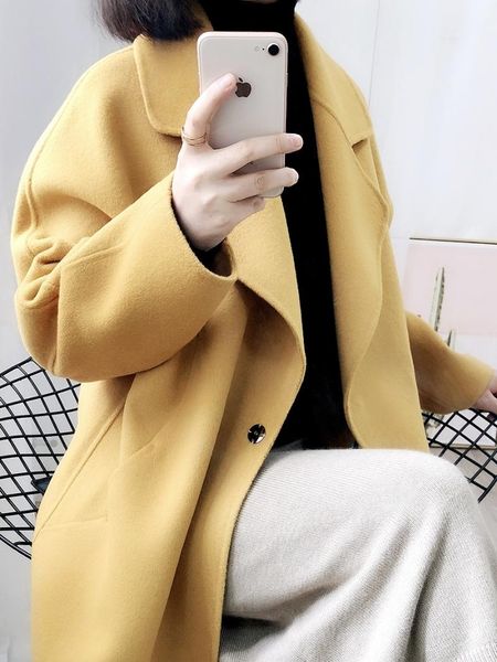 

women's wool & blends yellow double-sided cashmere coat medium length small high-end loose, Black