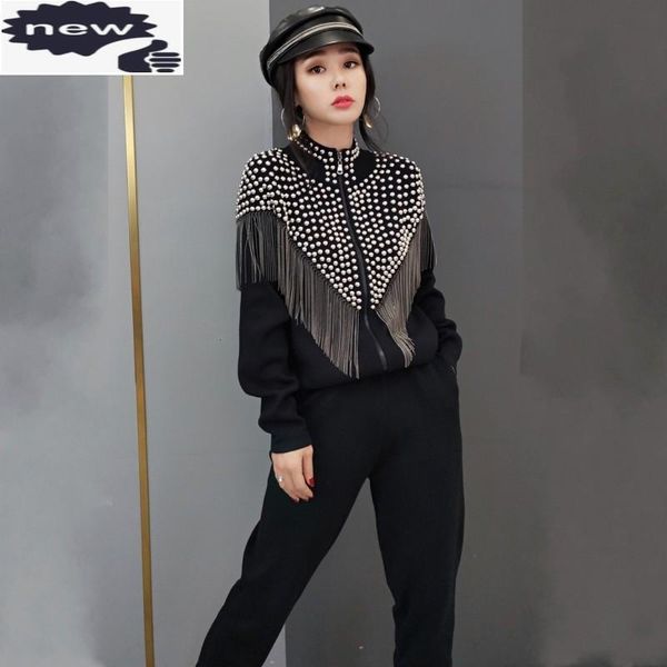 

women's two piece pants punk rivet tassel stand collar coat knitting fashion sweatpants autumn women loungewear set street female outf, White