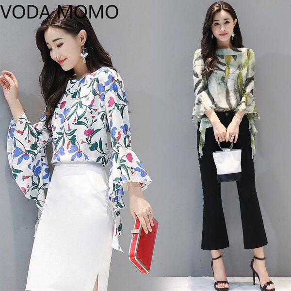 

flower printed ruffled women chiffon long flare sleeve slim shirts feminino summer casual blusas plus size women's blouses &, White