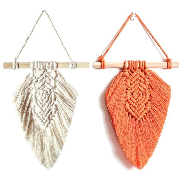 

tapestries hand-woven feather leaf tapestry living room homestay ins nordic fringed cotton rope pendant, 2pcs