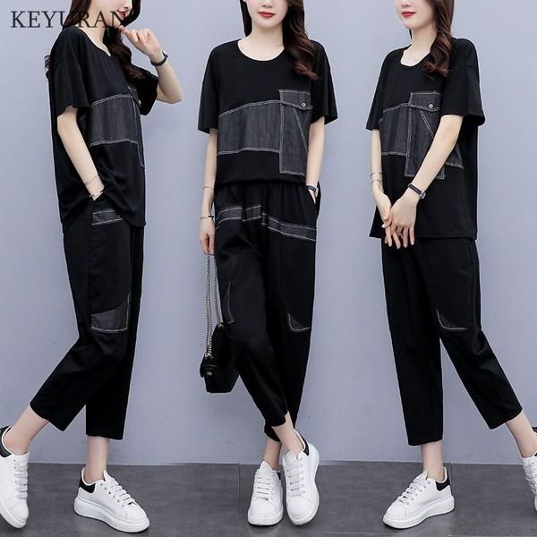 

women's two piece pants oversize tracksuit summer black patchwork t-shirt and harem pans set woman casual loose large size 2, White