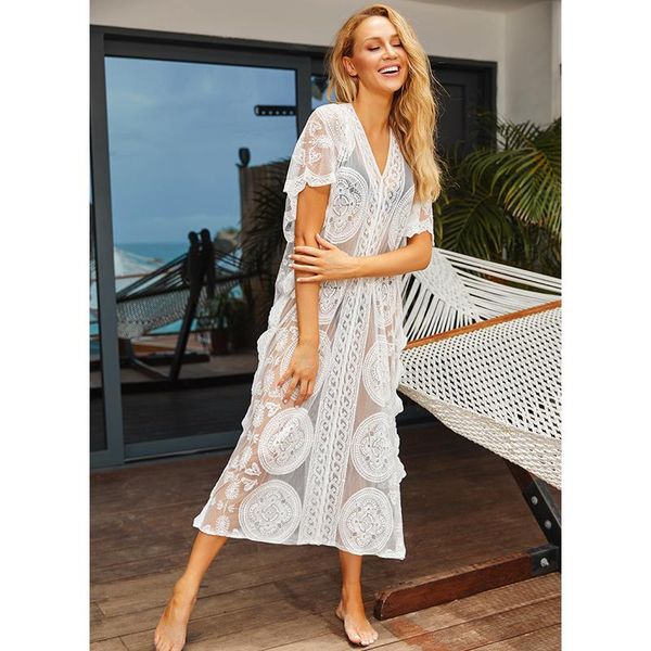

casual dresses 2021 kaftan beach pareo beachwear swim suit cover up playa tunics for tunic swimwear women lace dress #q880, Black;gray