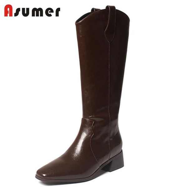 

boots asumer 2022 arrive western women genuine leather square toe fashion cool thick heel shoes knee high, Black