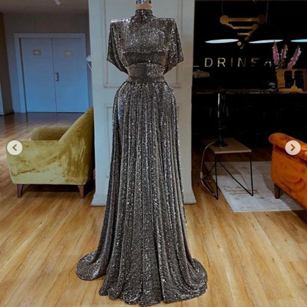 Brilhante Lantejoulas de Noite Vestido de Noite 2021 Pescoço Acolchoado Ombro Prom Vestidos Personalizados Feito Formal Elegante