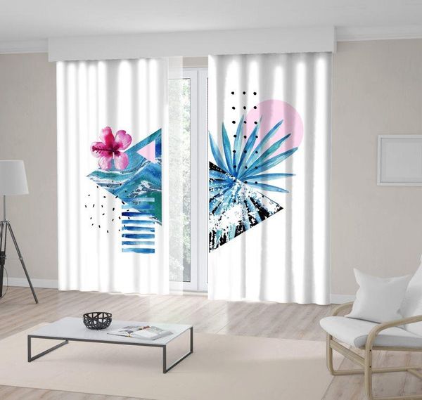 

curtain & drapes tropical flowers palm leaves sea waves patterns in triangles shapes watercolor artwork blue pink