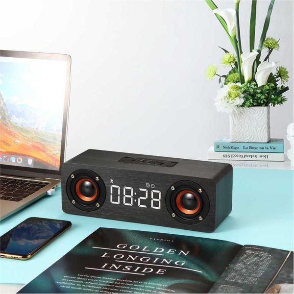 

desk & table clocks wooden bluetooth wireless speaker tf tv pc subwoofer aux with led digital clock bedside alarm fm radio