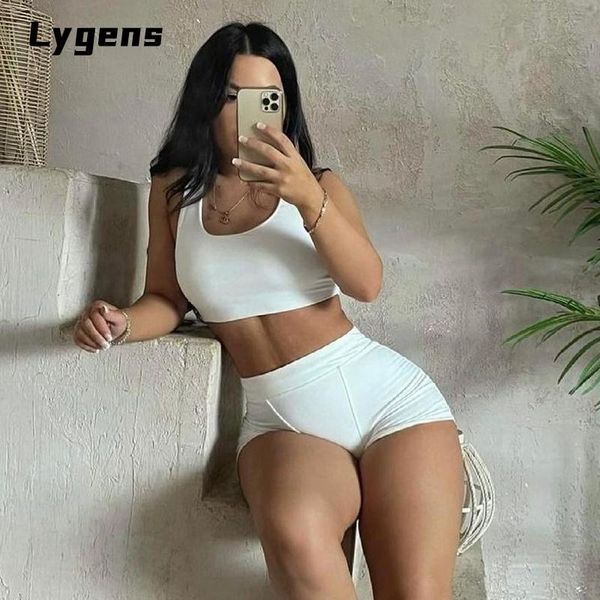 

women's tracksuits lygens 2021 summer women solid sporty two pieces tank crop biker shorts set bodycon tracksuit fitness active wear ou, Gray