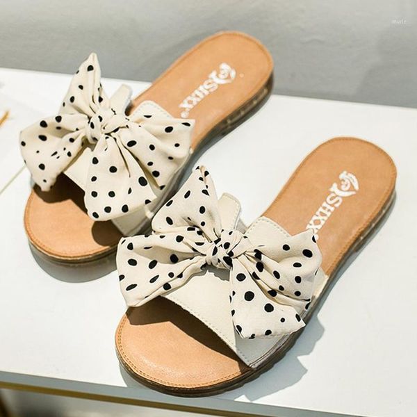 

slippers polka dot silk bow-knot genuine leather flipflops shoes women fairy slip on slides sweet outside low heels woman 20211, Black