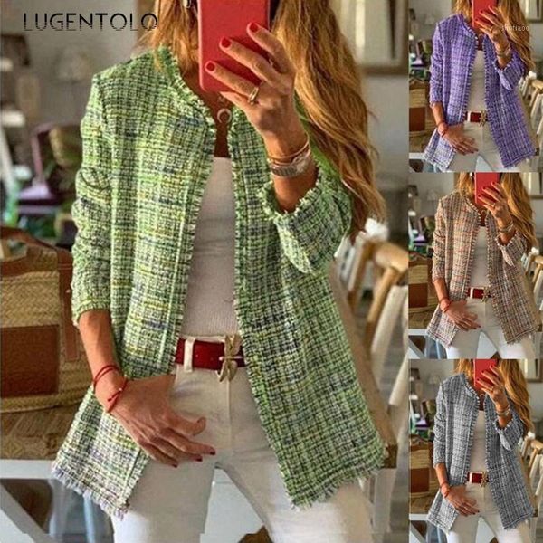 

women's wool & blends lugentolo women coat rainbow plaid autumn winter slim-fit long sleeve o-neck lady casual fashion jackets, Black