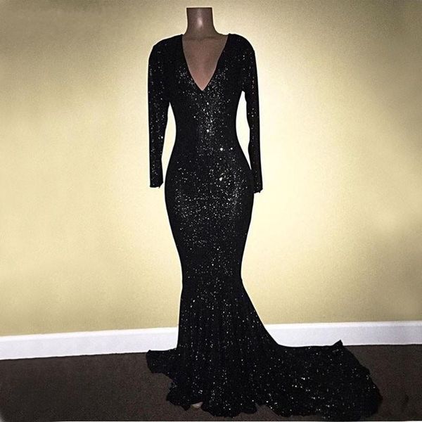 

party dresses long sleeves black sequined prom 2021 v neck zipper mermaid vestido de festa for gowns evening dress, White;black