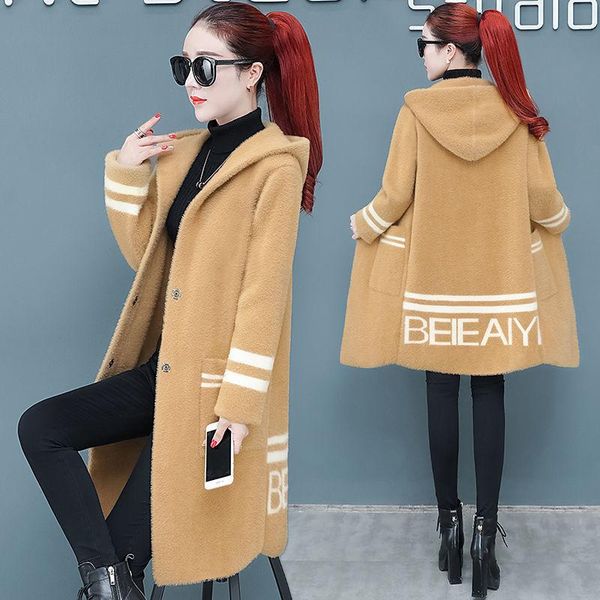 

women's fur & faux mink coat female 2021 elegant long winter jacket casual ladies oversized outwear fashion hooded 6xl, Black