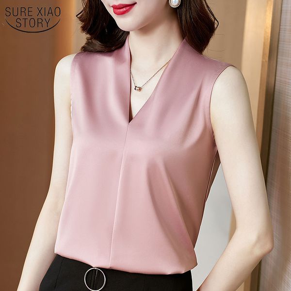 

summer sleeveless satin women blouse and casual solid color v neck clothing plus size ladies shirts 13381 210508, White