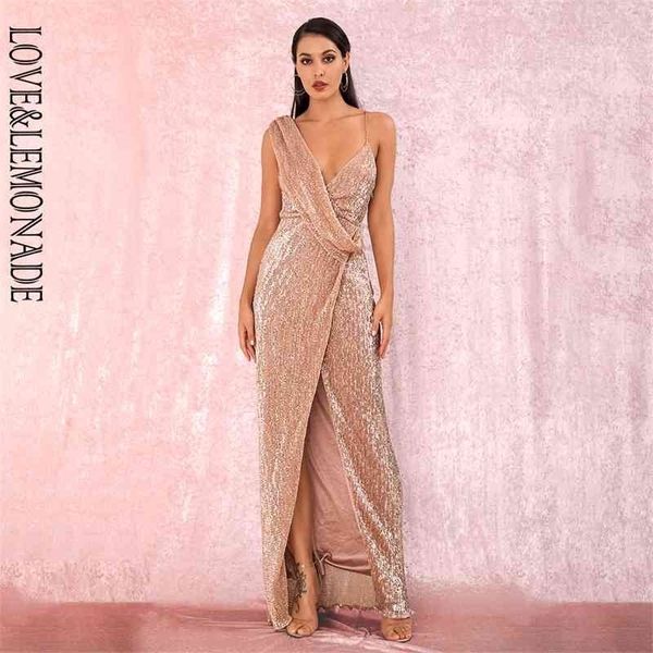 LovElemonade Sexy Rose Gold Profundo V-Pescoço Whit Split Lantejoulas Party Maxi Vestido LM81849 210325