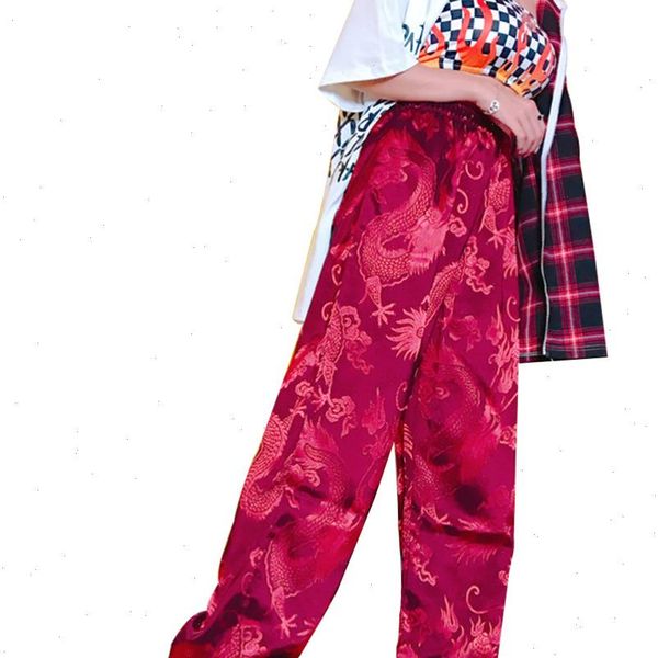 

harajuku chinese style phoenix dragon women capris totem pattern satin straight trousers hiphop bottom elastic waist, Black;white