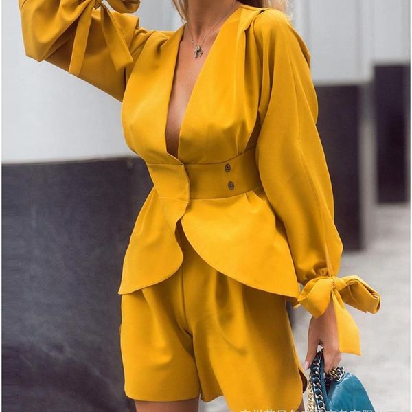 

women's tracksuits mandylandy shirt high waist shorts 2 piece sets outfits v-neck shirts waist-tight women long sleeve, Gray