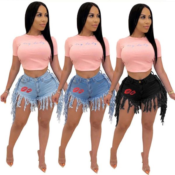 

women's jeans long tassels spliced casual denim short for women high waist mouth lip print bodycon fashion stretchy plus size sweatshor, Blue