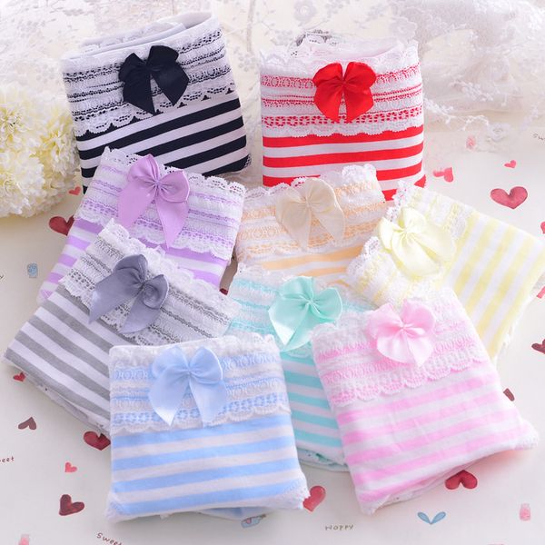 

new women's low waist girl's cotton striped lace bow underwear d023, Black;pink