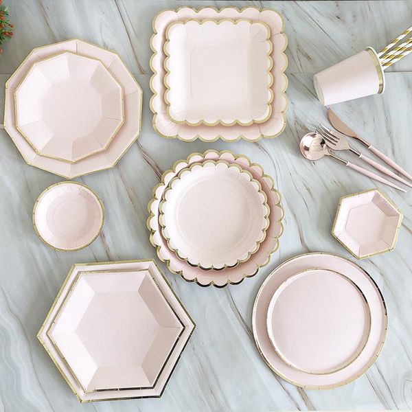 

disposable dinnerware gold pink party tableware set table decoration paper cups plates straws wedding birthday supplies