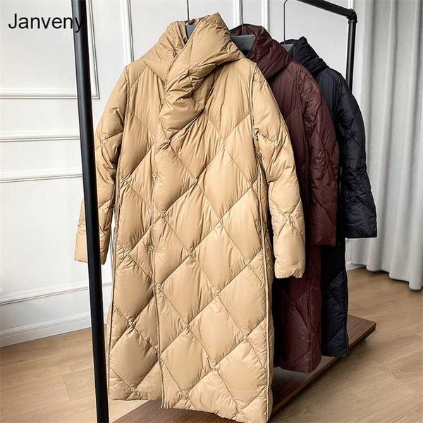 Janveny Ultraleichte Damen-Winterjacke aus 90 % weißer Entendaunen, langer flauschiger Puffermantel mit Kapuze, weibliche lose Federparkas 211008