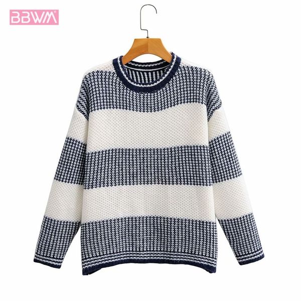 

korean striped round neck pullover long sleeve loose knit female sweater sweet contrast color winter warm chic women's sweater 210507, White