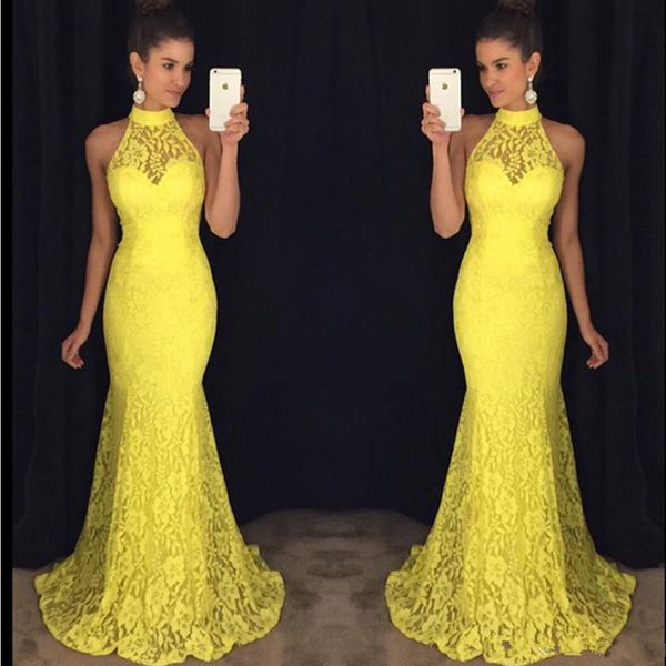 

2021 yellower mermaid prom dresses halter full lace evening dress sleeveless open back formal party second reception gowns, Black