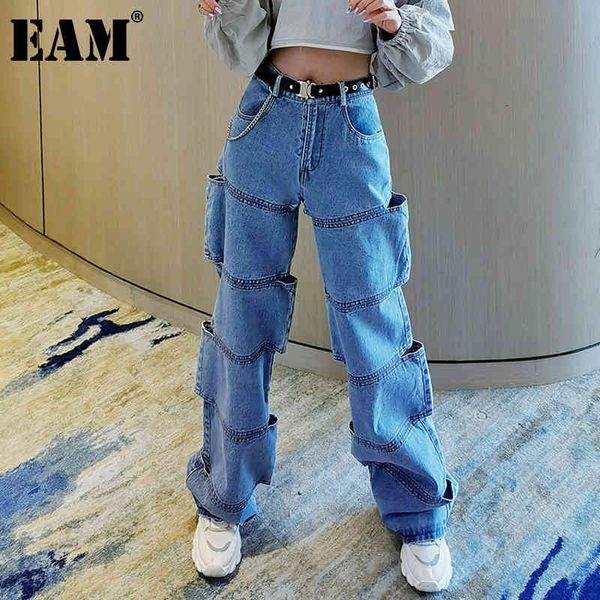 

[eam] high waist wide leg blue denim hollow out spliced jeans loose women trousers fashion spring autumn 1dd6380 21512