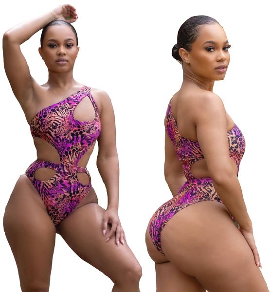 

women's one-piece swimsuit fashion patchwork swimwear two-color leopard digital print bikini one-shoulder beam waist band high stretch, White;black