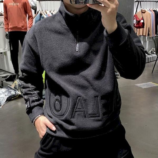 

men's hoodies & sweatshirts fonekie polar fleece pullover men loose embroidery lamb wool half zipper stand collar coat high jacket fall, Black