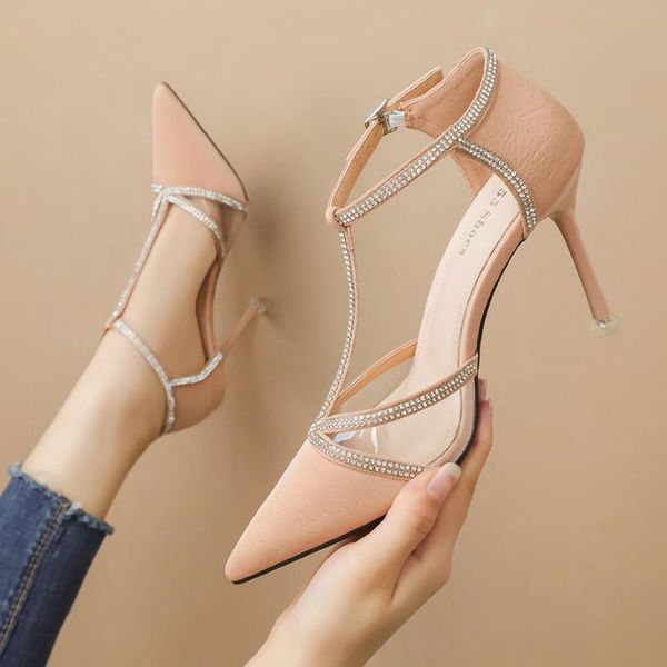

dress shoes 2021 luxury designer women 9cm high heels pointed pumps leather crystal sandals fetish wedding cutout party, Black
