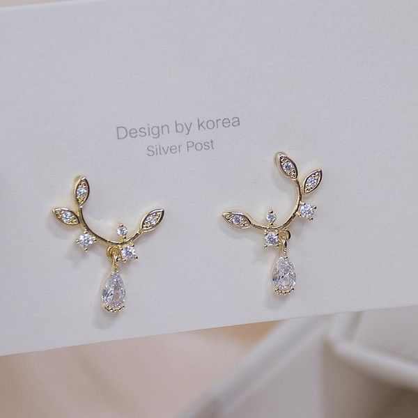 

dangle & chandelier exquisite 14k gold plated zircon leaf small flower drop earrings for women french style handmade earring korean fashion, Silver