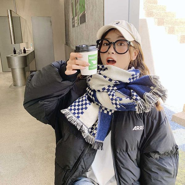 

british long beard plaid scarf women's korean version autumn and winter temperament versatile imitation cashmere medium length thickene, Blue;gray