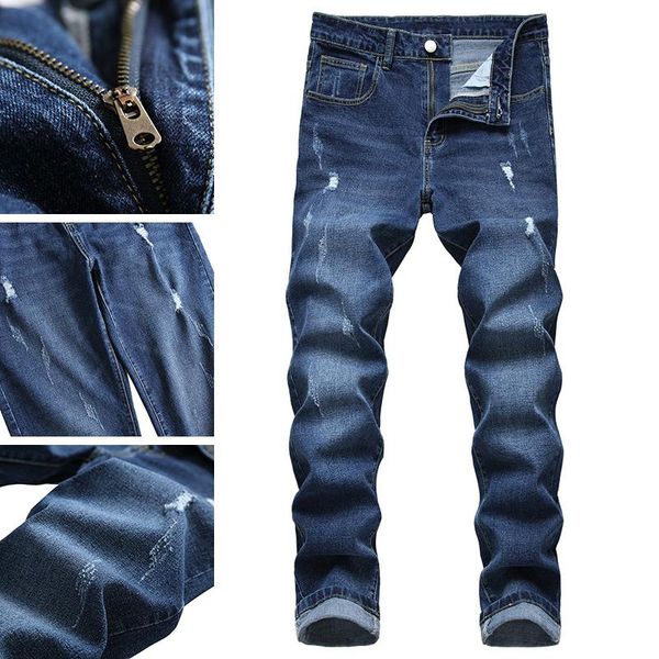 

men's jeans plus size straight-leg ripped trousers fried flower washed 2021 style european and american casual, Blue