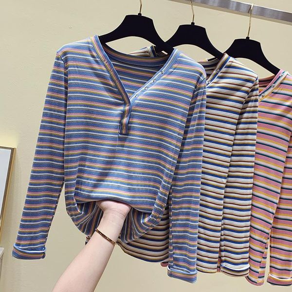 

women's t-shirt 2021 cotton t shirt women striped tee female long sleeve tees v-neck button autumn winter, White
