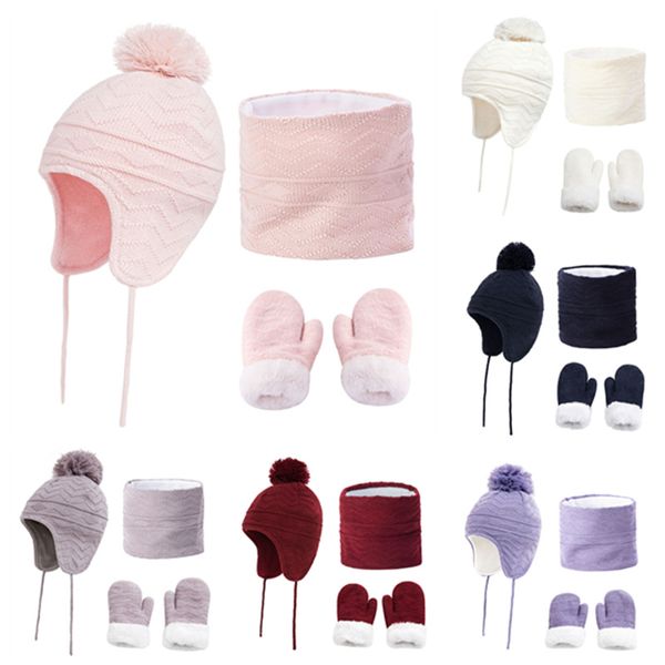 

2021 add velvet collar warm children hat scarf gloves three-piece set, Blue;gray