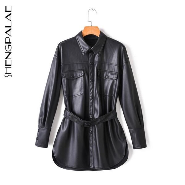 

women's jackets shengpalae 2021 autumn and winter fashion streetwear long sleeve black loose belt waist slim leather jacket coat women, Black;brown