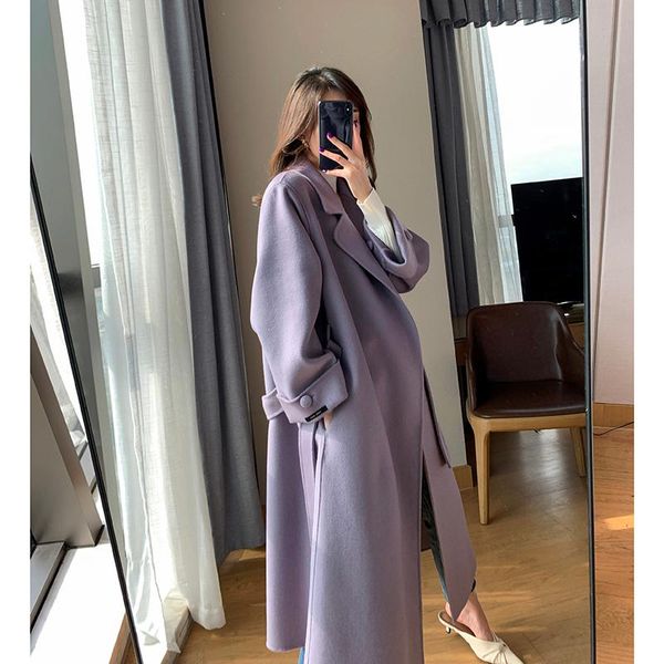

women's wool & blends autumn winter long woolen coat solid color temperament with sashes lapel loose-fitting women outerwear fashion pu, Black