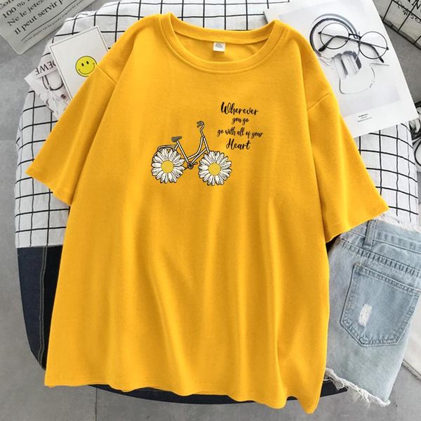 

sunflower bike kawaii fashion style print women's t-shirt summer breathable t shirt vintage brand clothes soft casual women, White