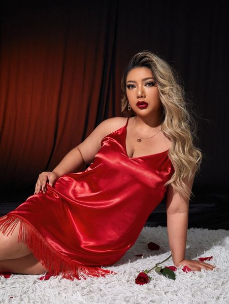 

plus fringe asymmetrical hem satin cami night dress a6dx#, Black;white