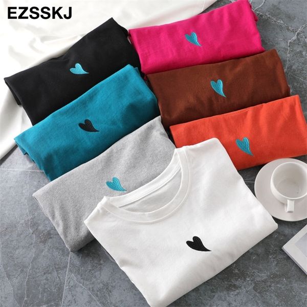 

spring summer women basic heart embroidery t-shirt casual loose short sleeve bottom candy color cotton t-shirt female 210320, White